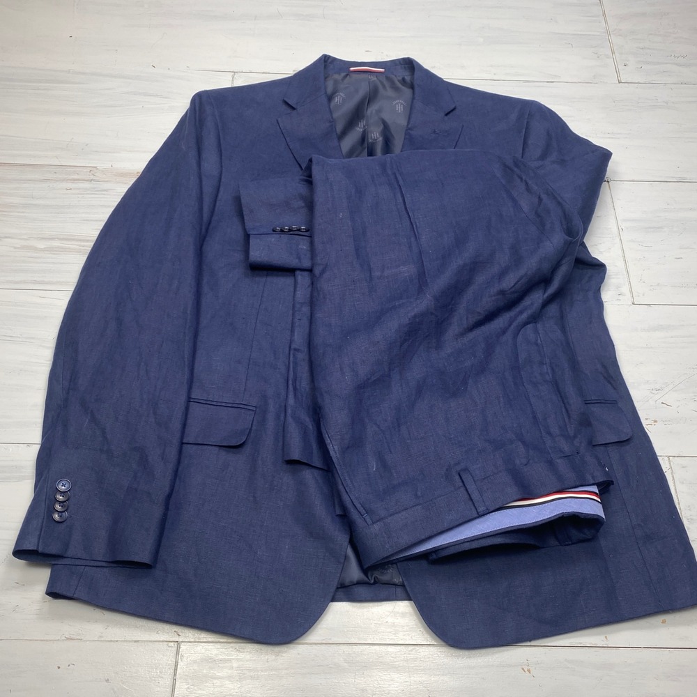Tommy Hilfiger Suit Mens 48R 42W Navy Blue 100% Linen 2 Piece Blazer Trousers